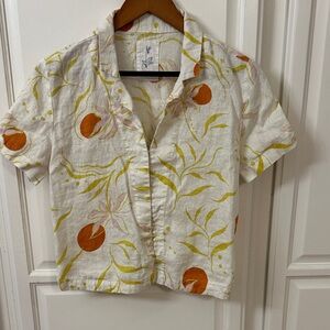 Calypso Linen Floral Short Sleeve Button-Up Shirt (no size, estimated medium)